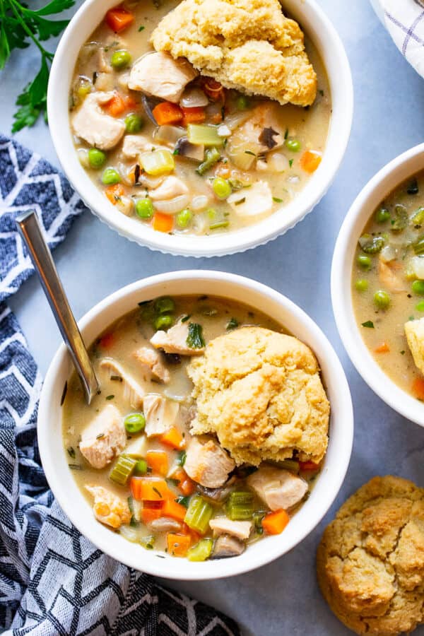 Chicken Pot Pie Soup with Low Carb Biscuits {Paleo, Keto Option}