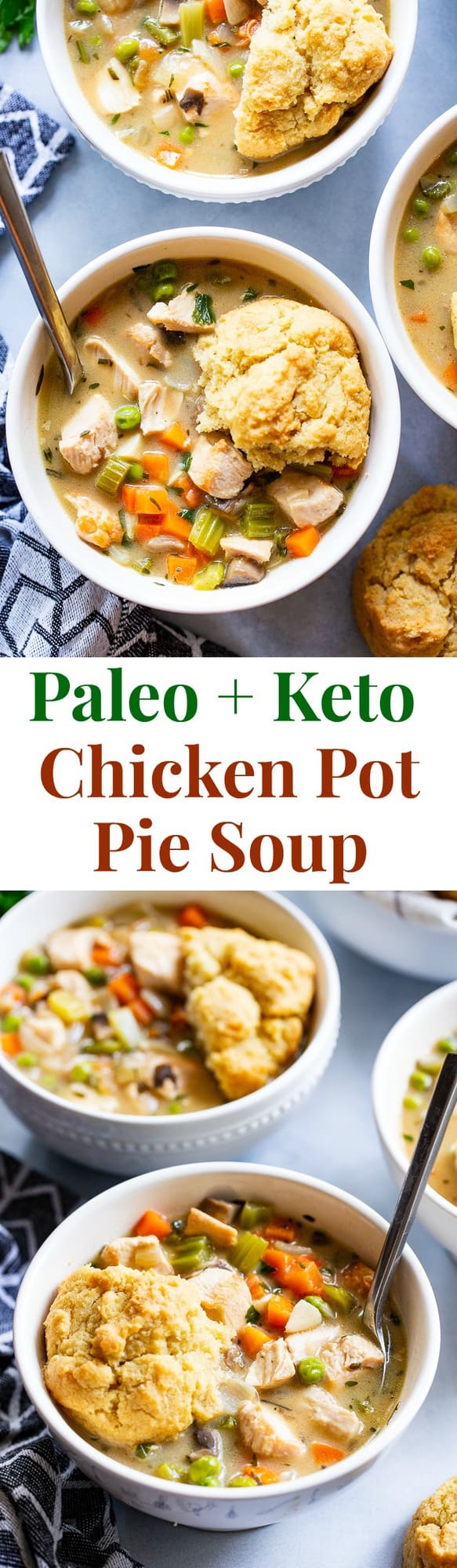 This creamy, cozy and delicious chicken pot pie soup has it all!  A paleo and dairy-free chicken pot pie filling with loads of veggies and savory herbs and the yummiest paleo + low carb biscuits!  The whole family will love this  healthy, hearty soup on cold winter nights.