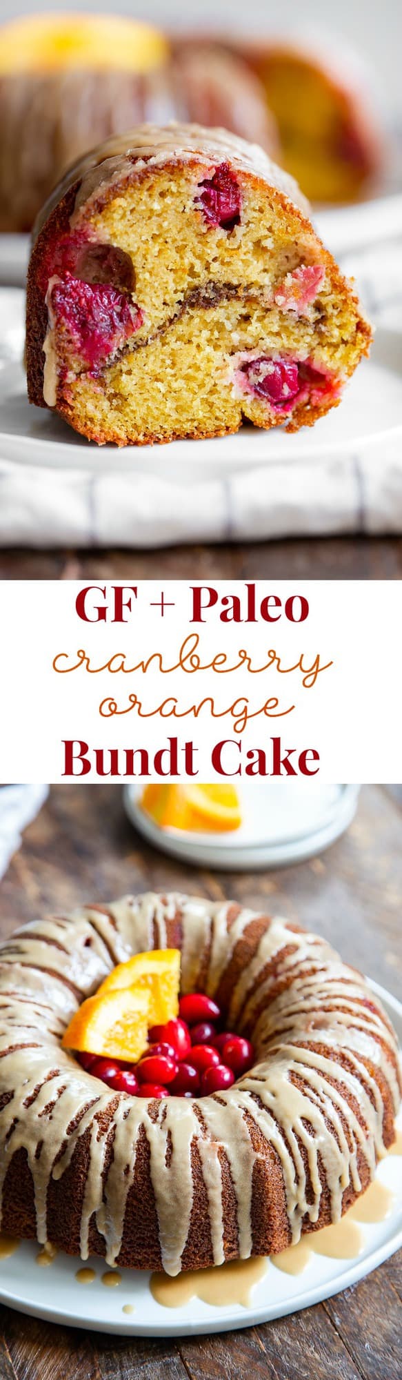 This Paleo Cranberry Orange Bundt Cake is perfectly moist  bursting with sweet orange flavor and tart juice cranberries.  A cinnamon swirl plus sweet maple glaze make this bundt cake a holiday showstopper!  It’s gluten-free, grain free, refined sugar free and has a dairy-free option. 