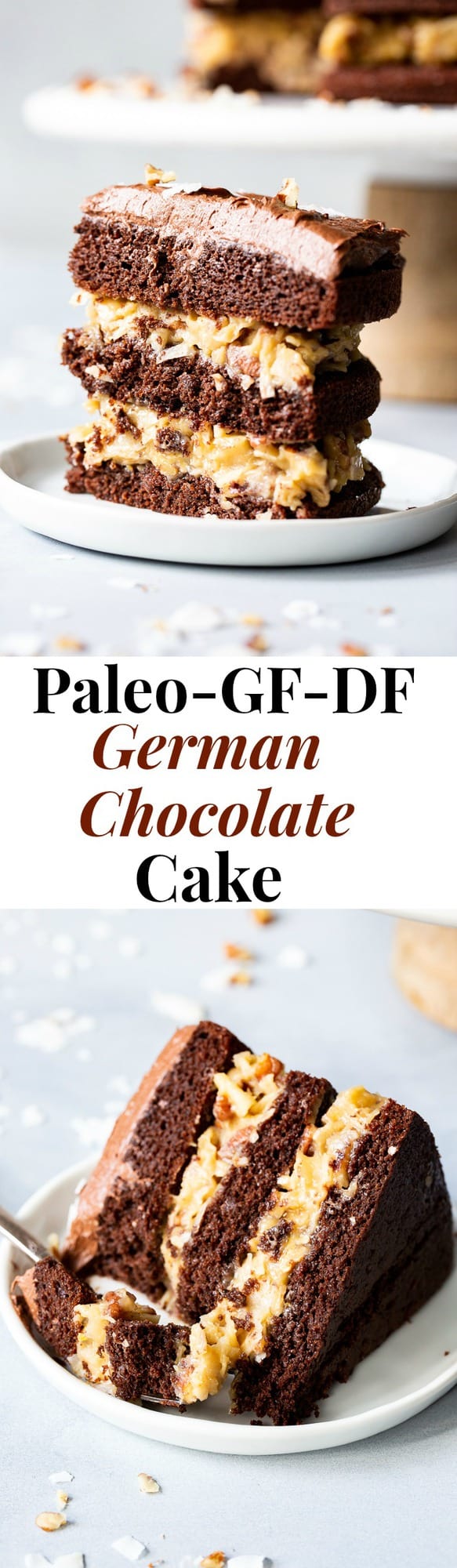 This rich Paleo German Chocolate Cake has a classic coconut pecan filling between tender grain free chocolate cake layers, and is topped with a dairy-free, refined sugar free chocolate frosting.  A showstopper for any gathering, this healthy German Chocolate Cake will become a family favorite!