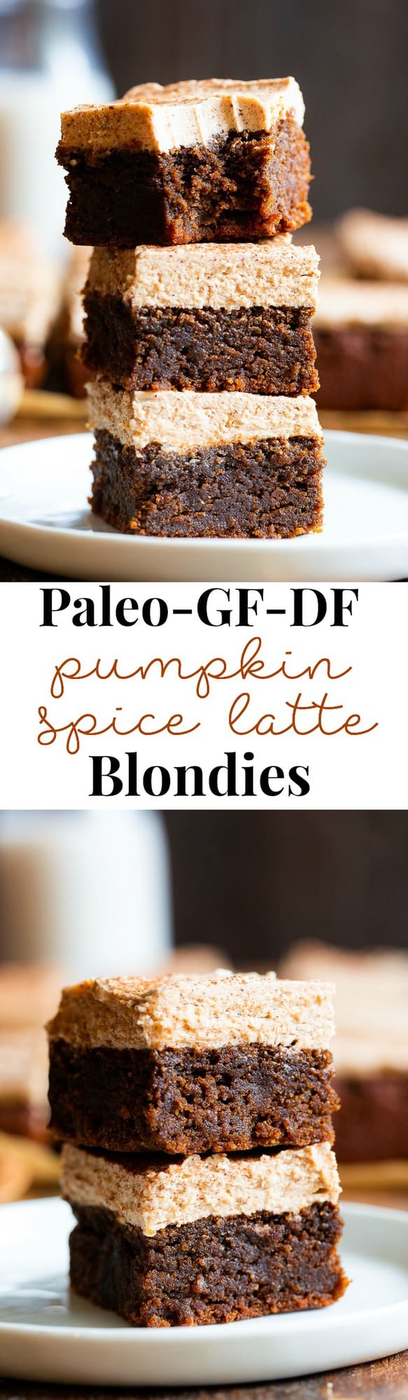 These Paleo Pumpkin Spice Latte Blondies are a fun spin on your favorite hot fall beverage!  Soft fudgy pumpkin blondies flavored with lots of pumpkin pie spices and espresso are topped with a creamy frosting for the ultimate fall themed paleo blondies! 