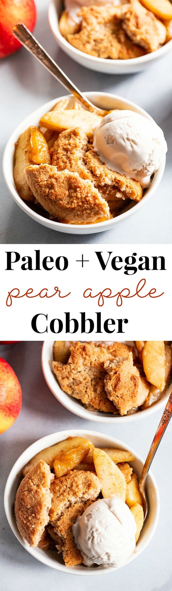 This paleo and vegan pear apple cobbler is a dreamy fall dessert made healthier with no refined sugar, grains, or dairy.  A gooey apple pear filling is topped with sweet crisp cobbler and baked to golden brown perfection!  Serve with your favorite dairy free ice cream for the ultimate treat!