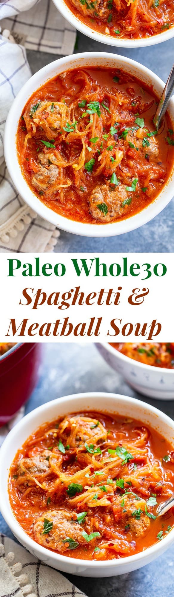 This healthy spaghetti and meatball soup uses spaghetti squash instead of pasta to make it lower in carbs, gluten-free, paleo and Whole30 compliant!  This savory, cozy soup is the perfect answer to your spaghetti and meatball cravings! 