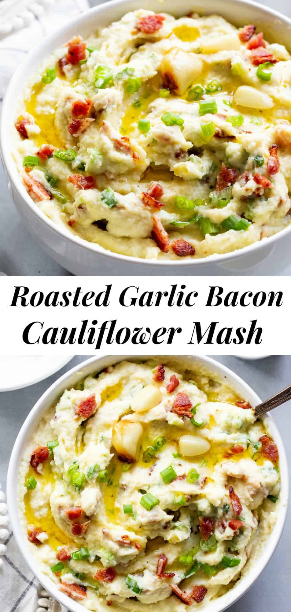 This creamy mashed cauliflower is packed with goodies like roasted garlic, crispy bacon and scallions. It tastes just like loaded mashed potatoes, but without the carbs!  Whole30 compliant, paleo, keto, and dairy-free.