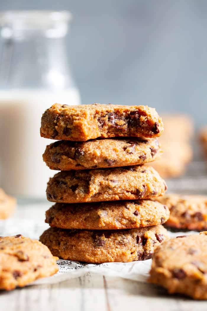 These super soft paleo chocolate chip cookies are made with good for you ingredients like sweet potatoes, almond flour, coconut sugar and coconut oil but they taste downright decadent!  They’re gluten-free, dairy-free, refined sugar free, and healthy enough for breakfast!