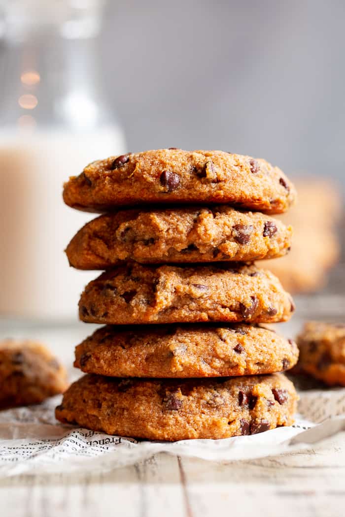 These super soft paleo chocolate chip cookies are made with good for you ingredients like sweet potatoes, almond flour, coconut sugar and coconut oil but they taste downright decadent!  They’re gluten-free, dairy-free, refined sugar free, and healthy enough for breakfast!