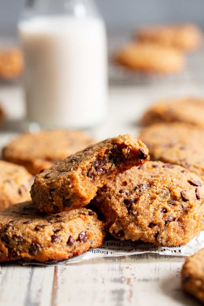 These super soft paleo chocolate chip cookies are made with good for you ingredients like sweet potatoes, almond flour, coconut sugar and coconut oil but they taste downright decadent!  They’re gluten-free, dairy-free, refined sugar free, and healthy enough for breakfast!