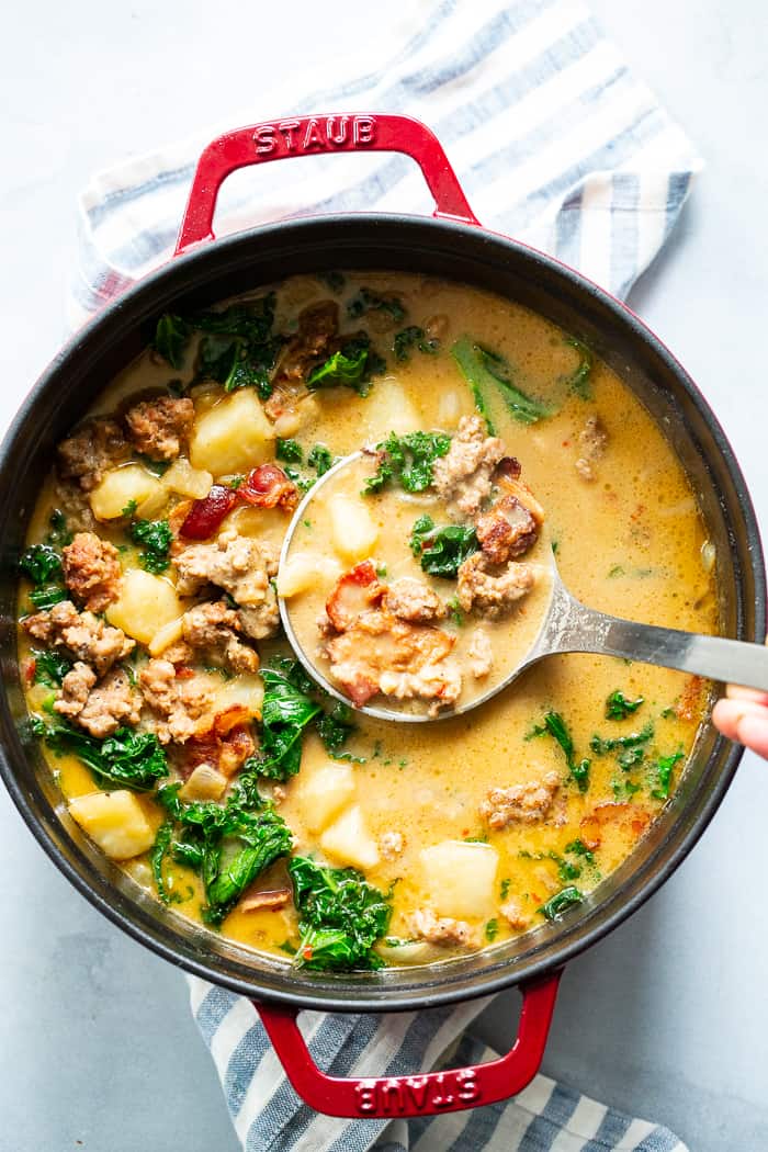 This healthier twist on classic Zuppa Toscana is insanely delicious, creamy, savory and so cozy during the cold months!  It’s packed with all the goodies, is totally dairy-free, paleo, and Whole30 compliant, and even has a low carb keto option. 