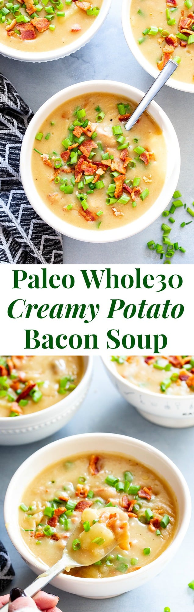 This easy and delicious creamy potato soup is loaded with flavor, bacon, and hearty chunks of potatoes too.  It’s the perfect comfort food on cold winter nights!  It’s dairy-free, Whole30 compliant and paleo friendly.