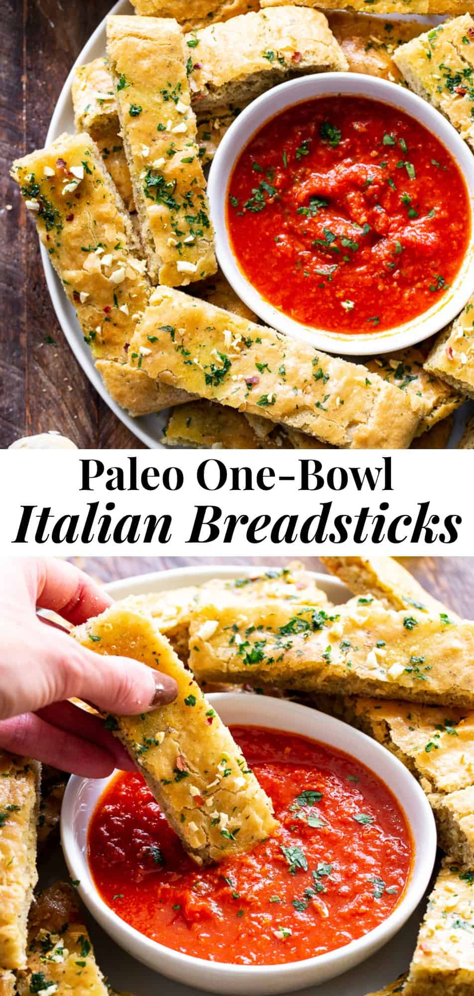 These easy, one bowl Paleo breadsticks are loaded with flavor, Italian herbs and garlic, and have the perfect chewy texture.  They're great when you’re craving bread but want to keep things clean!  Gluten-free, grain free, dairy free and perfect for dipping.
