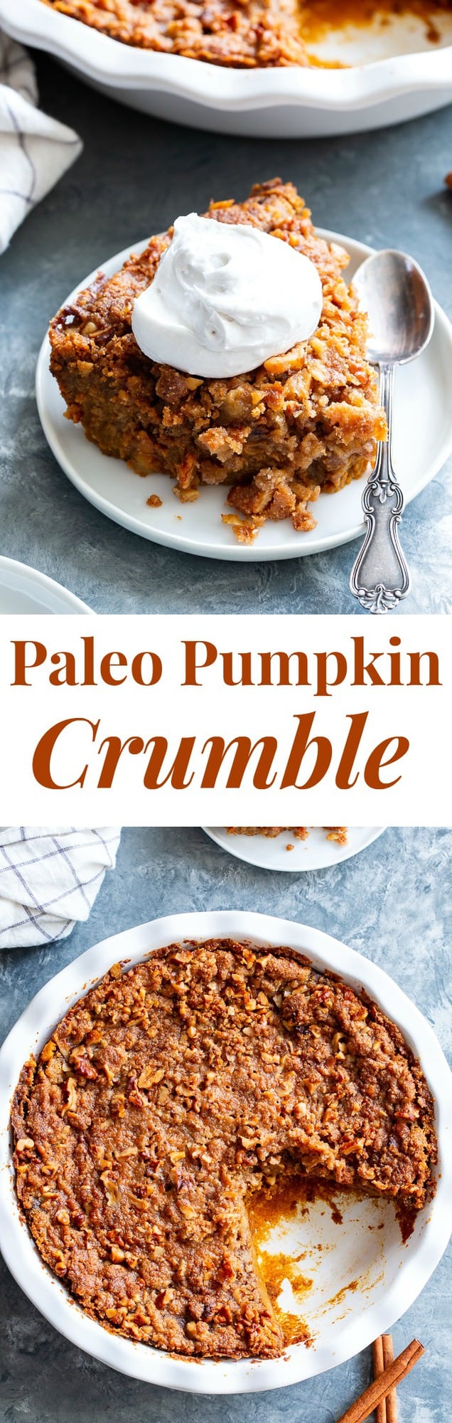 This Pumpkin Crumble has all the delicious flavors of pumpkin pie but it’s so much easier to make!  A creamy pumpkin layer is topped with a crunchy toasty grain free crumble and baked until golden brown.  Perfect for any holiday table and delicious with a dollop of whipped cream!  Paleo, gluten-free.
