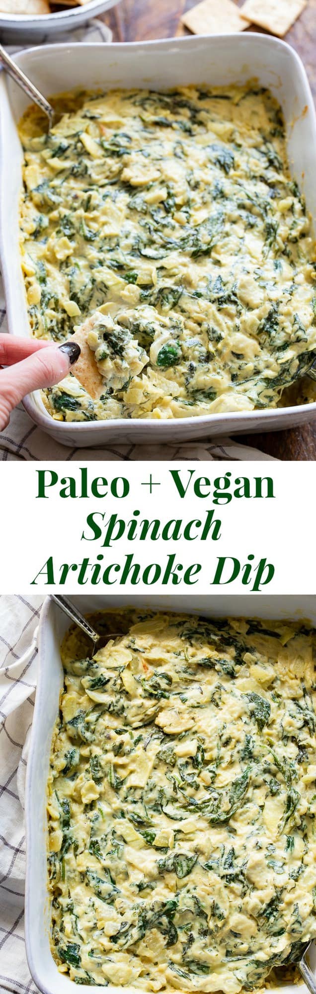 This creamy spinach artichoke dip is packed with cheesy flavor without using any dairy at all!  A cashew based cream sauce is mixed with a savory spinach artichoke mixture and baked to perfection.  Paleo, vegan, dairy-free, egg-free, and Whole30 compliant.