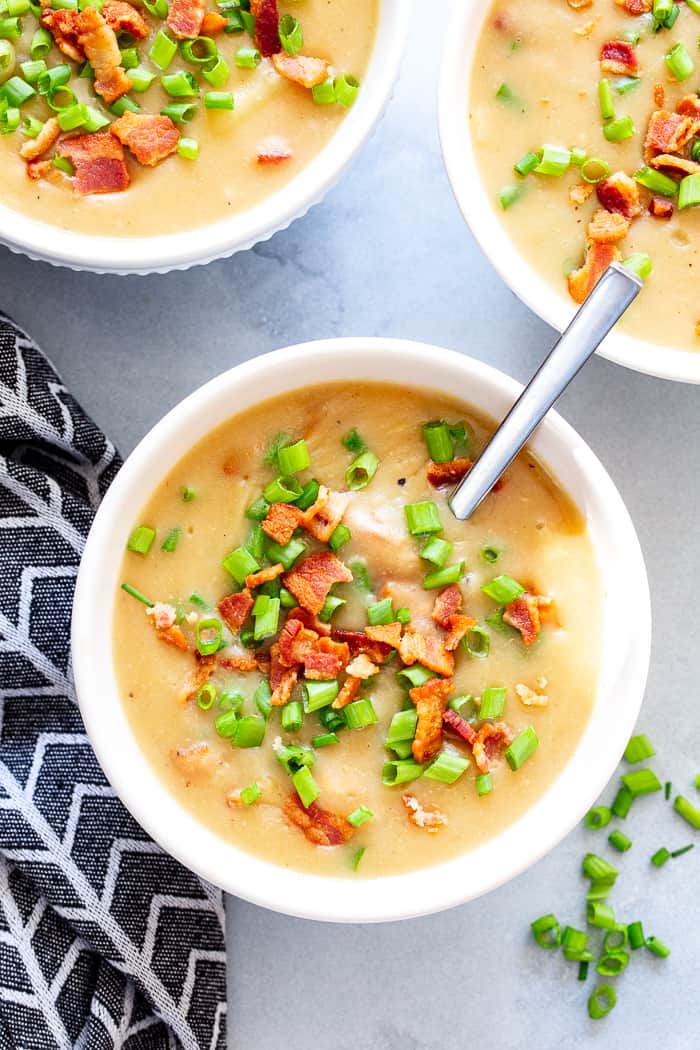 This easy and delicious creamy potato soup is loaded with flavor, bacon, and hearty chunks of potatoes too.  It’s the perfect comfort food on cold winter nights!  It’s dairy-free, Whole30 compliant and paleo friendly.