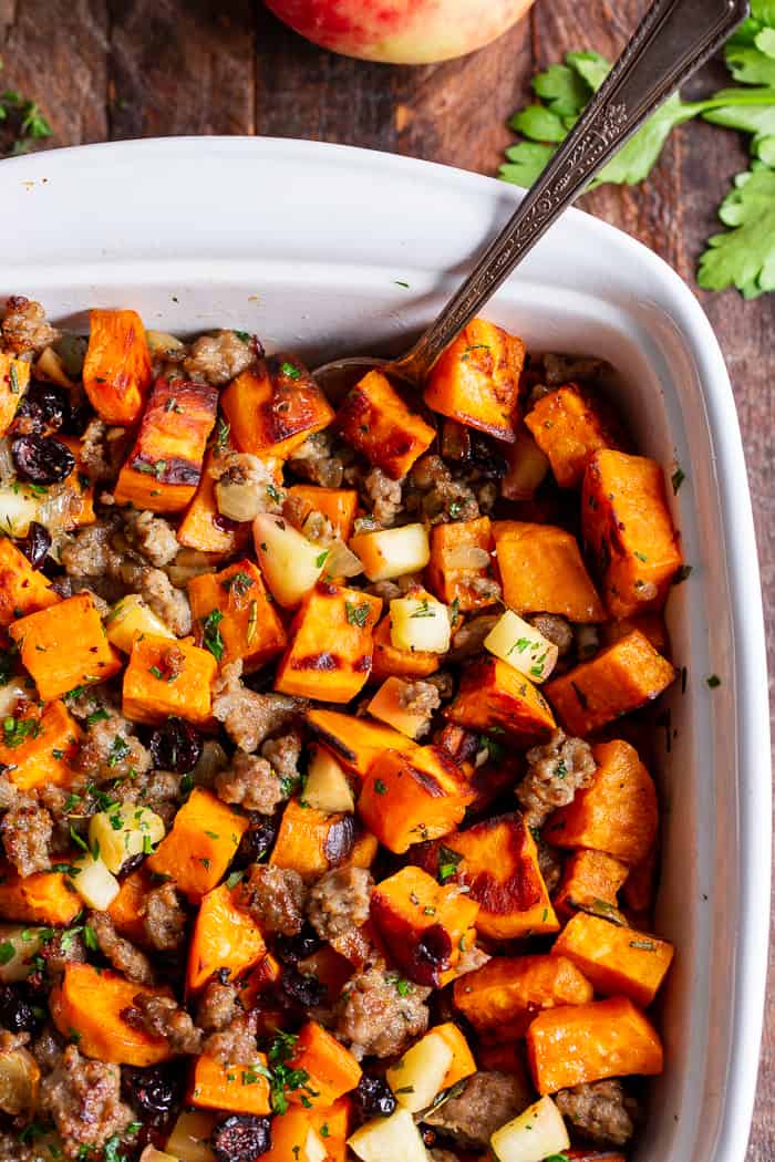 Sweet Potato Stuffing with Sausage {Paleo, Whole30}