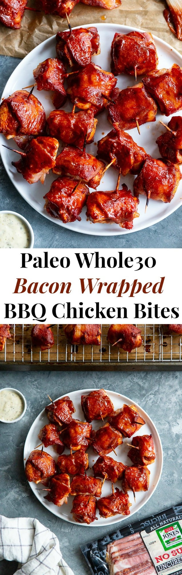 These smoky, savory Bacon Wrapped BBQ Chicken Bites are packed with flavor and easy to make. Zesty chicken bites wrapped in crispy No Sugar All Natural Uncured Hickory Smoked Bacon from @JonesDairyFarm and brushed with lots of Whole30 BBQ sauce. They’re gluten-free, dairy-free, with no added sugar – perfect for parties or anytime you’re craving a savory snack! #AD