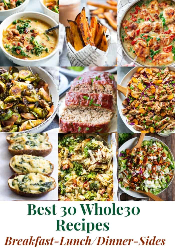 These 30 Whole30 Recipes are tried and true favorites that will make everyone in the family happy.  With soups, casseroles, meatloaf, salads, baked fries, egg free breakfasts,  fried "rice" and more, there's a delicious selection here to sample. Whether you're doing the Whole30 or just need heathy meal ideas, you're sure to find new favorites in this recipe roundup!