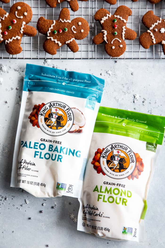 These paleo gingerbread cookies are chewy and crisp with traditional flavor from molasses and spices. The dough is easy to work with and cut making them perfect for holiday baking and decorating! They’re gluten-free and grain-free. #AD #KingArthurFlour