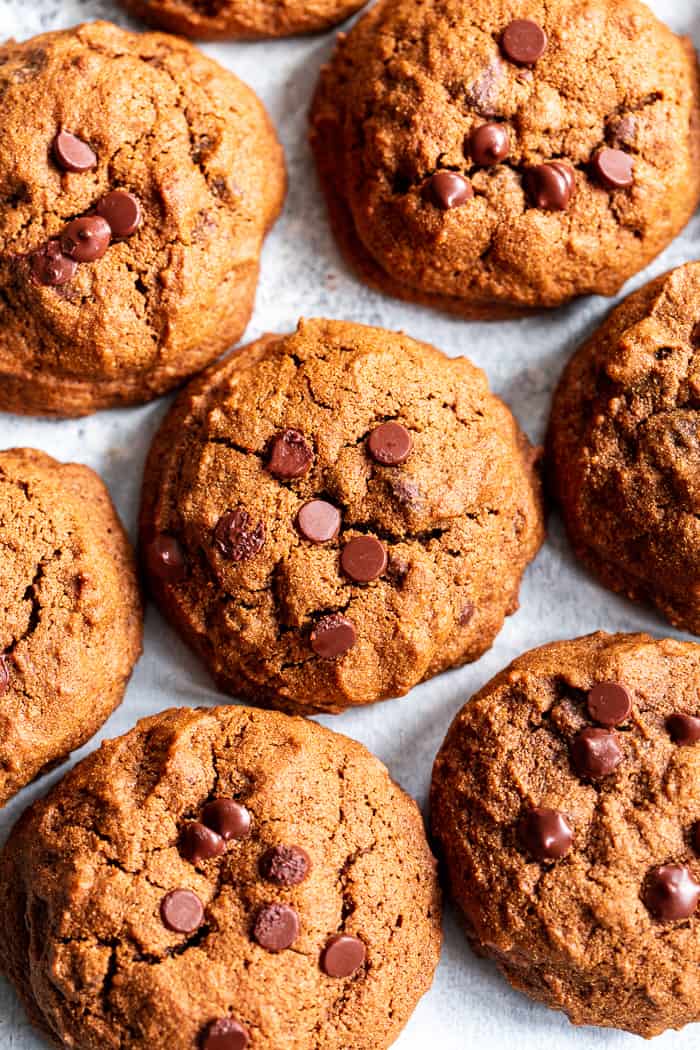 These Gingerbread Chocolate Chip Cookies are packed with sweet molasses, spices, and chocolate.  They’re made with cassava flour so they’re gluten and grain free, paleo, and nut free as well.  These chocolate chip gingerbread cookies are perfect for healthy holiday baking or whenever you crave a sweet treat.