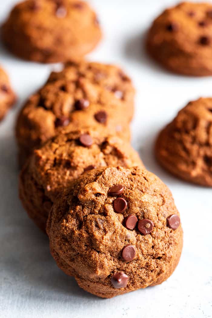 These Gingerbread Chocolate Chip Cookies are packed with sweet molasses, spices, and chocolate.  They’re made with cassava flour so they’re gluten and grain free, paleo, and nut free as well.  These chocolate chip gingerbread cookies are perfect for healthy holiday baking or whenever you crave a sweet treat.