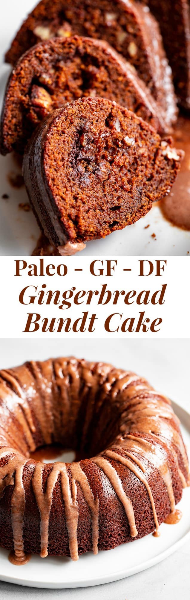 This grain free and paleo Gingerbread Bundt Cake is moist and tender, with a sweet cinnamon maple pecan swirl!  Topped with a sweet maple glaze, this gluten-free, dairy-free cake is sure to be a favorite for the holiday season!