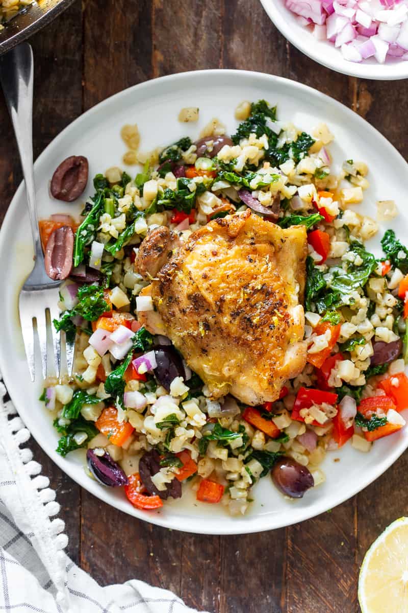 This Greek Chicken and veggies is packed with flavor, made all in one skillet and perfect for weeknights.  It’s a simple Paleo and Whole30 dinner that you’ll want on repeat in your house!