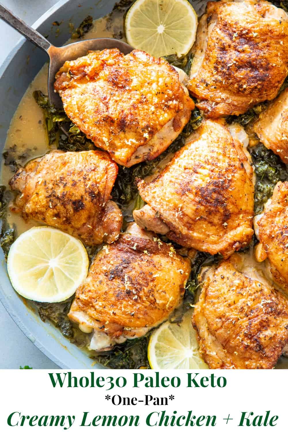 This One Pan Lemon Chicken with Kale is an easy, healthy and delicious meal you'll want on repeat in your house!  Juicy chicken thighs are seasoned, seared, and cooked in a creamy lemon sauce with kale for an extra punch of greens and flavor.  It's Paleo, Whole30 compliant, keto, and low FODMAP too. #cleaneating #lowfodmap #paleo #whole30 #keto