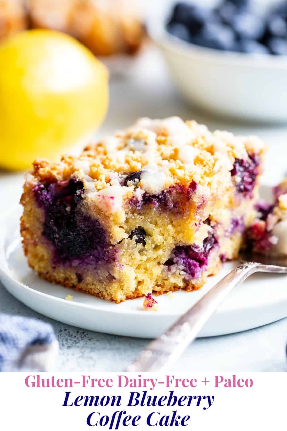 This Lemon Blueberry Coffee Cake is bursting with fresh lemon flavor and juicy blueberries!  It starts with a  perfectly moist lemon almond cake layer with fresh blueberries piled with crumb topping and drizzled with lemon glaze.  It’s gluten-free and paleo and will become a favorite dessert or breakfast treat with the first bite!  #cleaneating #paleo #kingarthurflour @kingarthurflour #AD