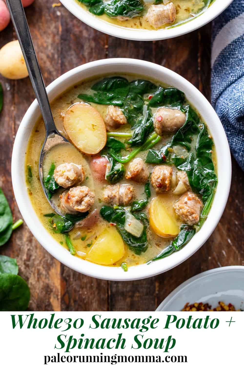 This savory and hearty Sausage Potato Soup with Spinach is a quick and easy comforting meal made in one pot that’s packed with flavor and nutrients. It’s Paleo, dairy-free, gluten-free, Whole30 compliant and perfect for healthy weeknight dinners. #AD #jonesdairyfarm #cleaneating #paleo #whole30