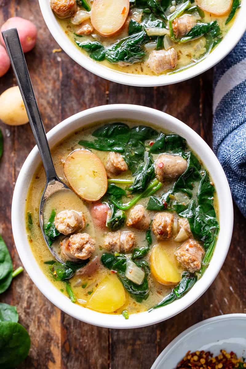 This savory and hearty Sausage Potato Soup with Spinach is a quick and easy comforting meal made in one pot that’s packed with flavor and nutrients. It’s Paleo, dairy-free, gluten-free, Whole30 compliant and perfect for healthy weeknight dinners. #AD #jonesdairyfarm #cleaneating #paleo #whole30