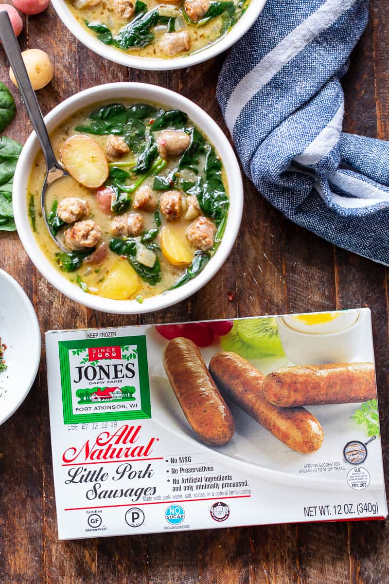This savory and hearty Sausage Potato Soup with Spinach is a quick and easy comforting meal made in one pot that’s packed with flavor and nutrients. It’s Paleo, dairy-free, gluten-free, Whole30 compliant and perfect for healthy weeknight dinners. #AD #jonesdairyfarm #cleaneating #paleo #whole30
