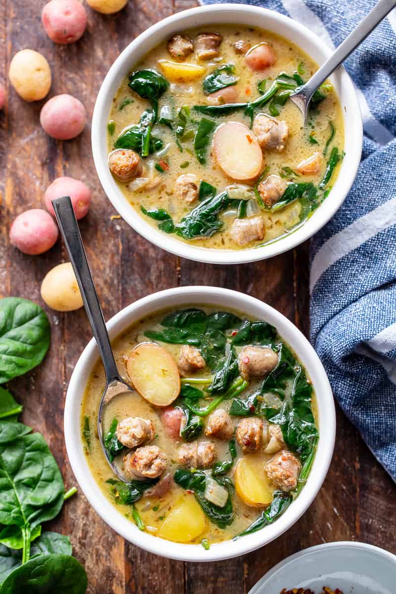 This savory and hearty Sausage Potato Soup with Spinach is a quick and easy comforting meal made in one pot that’s packed with flavor and nutrients. It’s Paleo, dairy-free, gluten-free, Whole30 compliant and perfect for healthy weeknight dinners. #AD #jonesdairyfarm #cleaneating #paleo #whole30