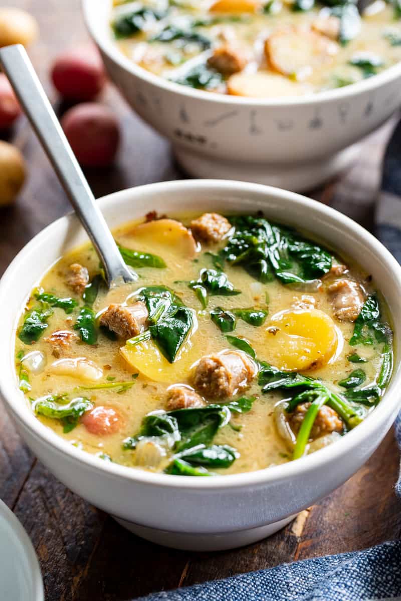 This savory and hearty Sausage Potato Soup with Spinach is a quick and easy comforting meal made in one pot that’s packed with flavor and nutrients. It’s Paleo, dairy-free, gluten-free, Whole30 compliant and perfect for healthy weeknight dinners. #AD #jonesdairyfarm #cleaneating #paleo #whole30