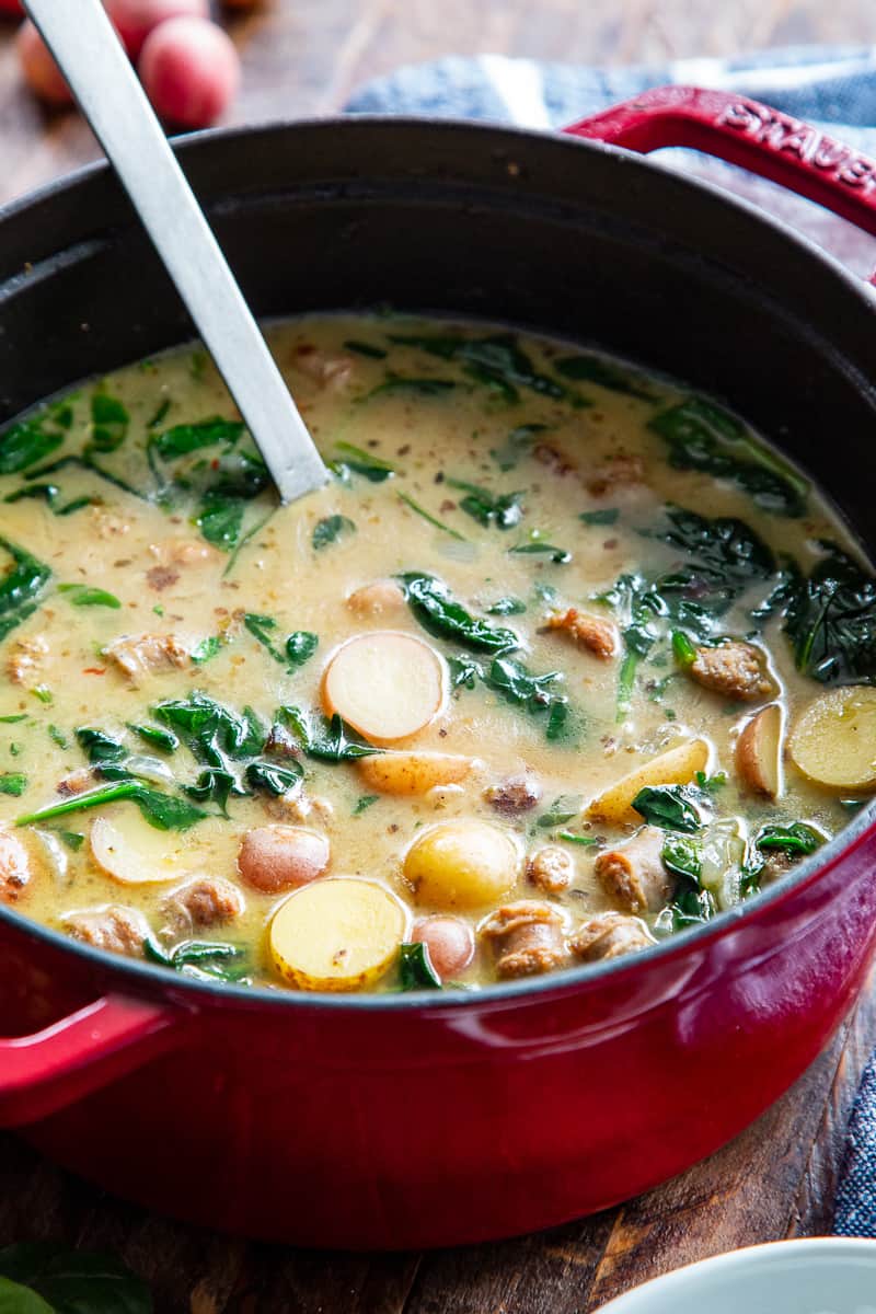 This savory and hearty Sausage Potato Soup with Spinach is a quick and easy comforting meal made in one pot that’s packed with flavor and nutrients. It’s Paleo, dairy-free, gluten-free, Whole30 compliant and perfect for healthy weeknight dinners. #AD #jonesdairyfarm #cleaneating #paleo #whole30