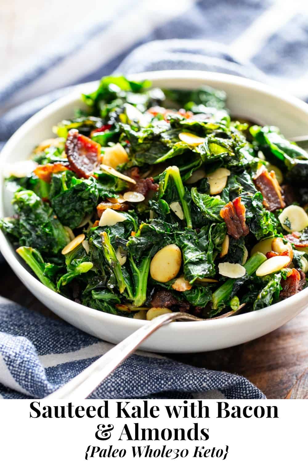 This delicious and simple sautéed kale with bacon and almonds is a savory healthy side dish that you’ll want on repeat!  It’s paleo and Whole30 friendly, keto, and Low FODMAP.  Serve it with any main course to add lots of flavor and nutrients to your meal. #keto #cleaneating #paleo #whole30 #lowfodmap