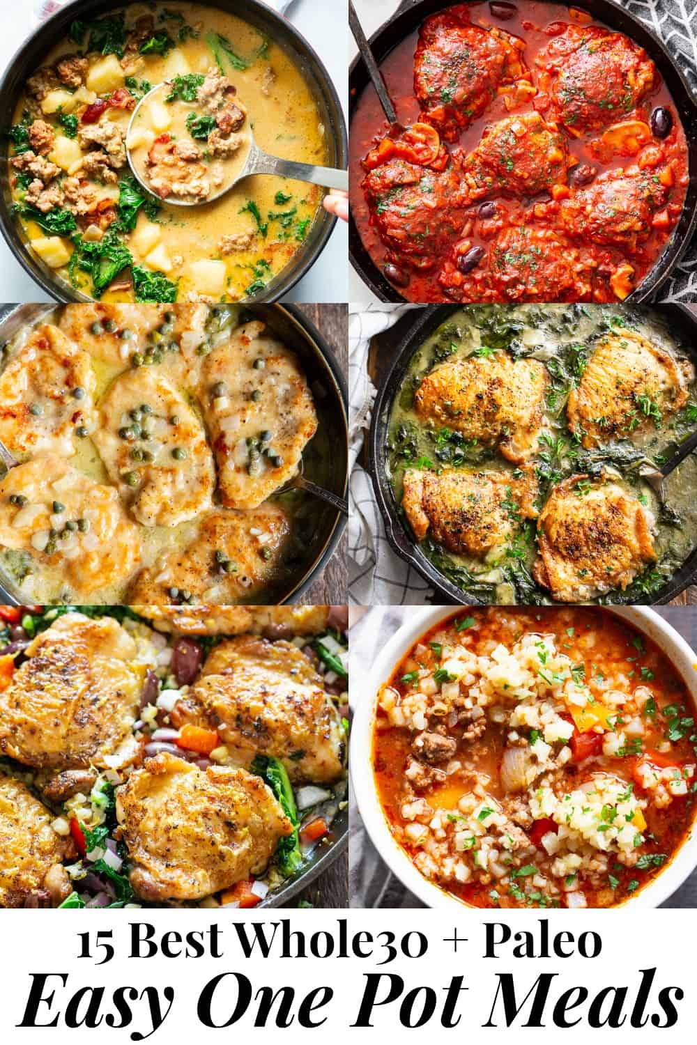 This recipe roundup includes 15 of the best one pot paleo meals featured on Paleo Running Momma!   All are easy and perfect for weekdays when time and energy is lacking.  These one pot meals are also Whole30 compliant and many are low carb and keto friendly.  From creamy tuscan chicken to instant pot chili, there's something to suit everyone's cravings! #paleo #Whole30 #cleaneating 