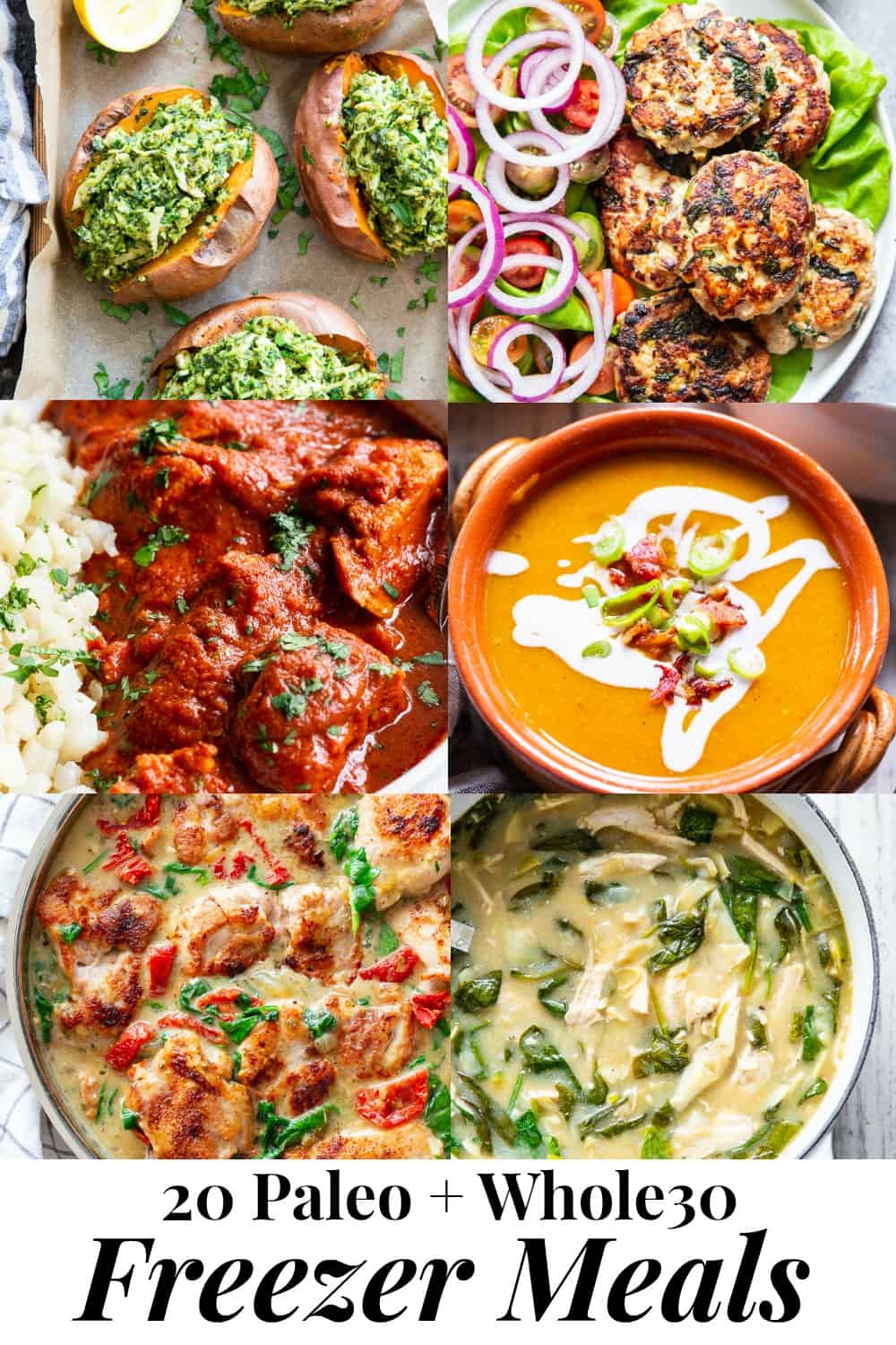 These paleo freezer meals are all perfect to make ahead of time, freeze and reheat!  From soups to stuffed sweet potatoes, meatballs, instant pot meals, and zucchini lasagna, everything in this roundup is freezer friendly, packed with flavor, and also Whole30 compliant!  Save this roundup for when those busy times when you need great healthy make ahead meals.