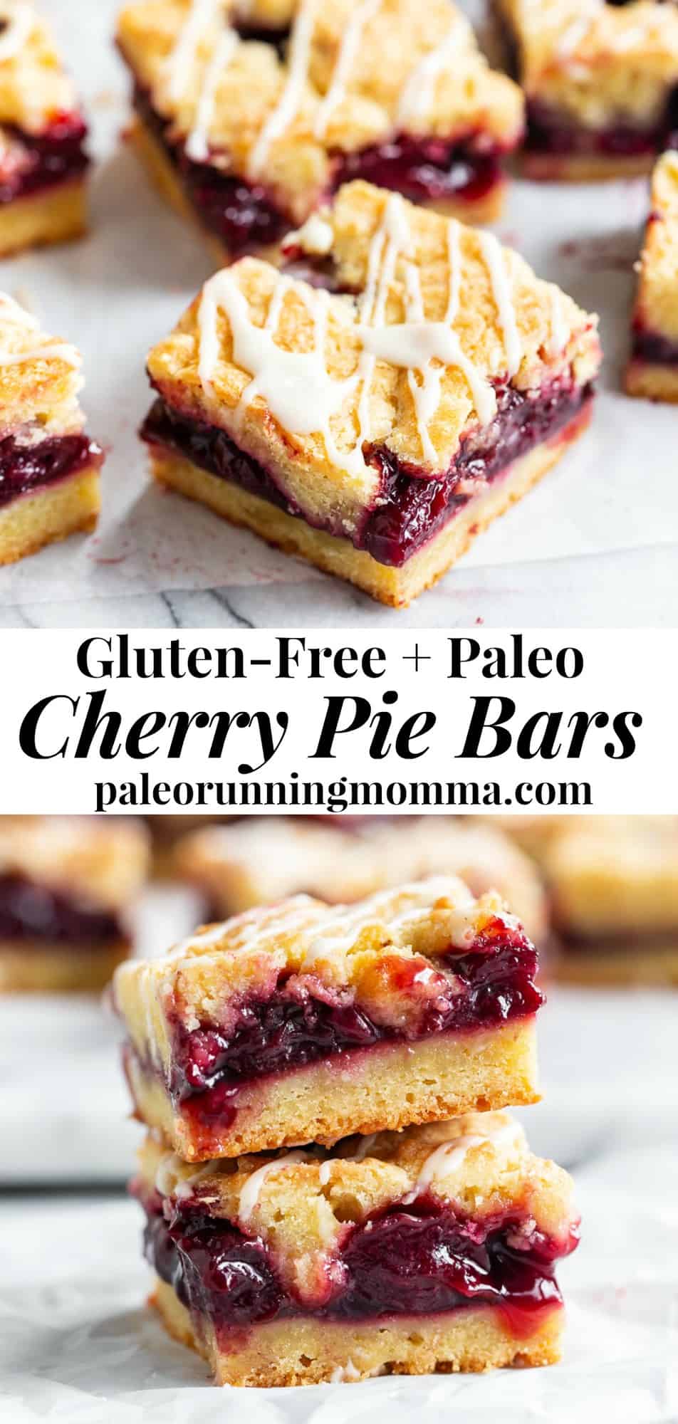 These paleo cherry pie bars have a pastry crust that doubles as a topping, a gooey sweet cherry filling and a maple glaze that's seriously addicting.  Just like a cherry pie but easier to make, they're gluten free, grain free, and have a dairy free option. #paleo #glutenfree 