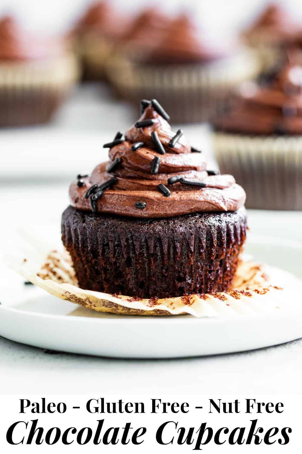 These paleo chocolate cupcakes are perfectly tender, moist and rich with a dairy-free buttercream frosting that tastes just like the real deal!  They’re gluten free, dairy free and nut free and kid approved.  Great for birthdays, holidays or simply because you're craving chocolate! #healthydessert #paleo #glutenfree