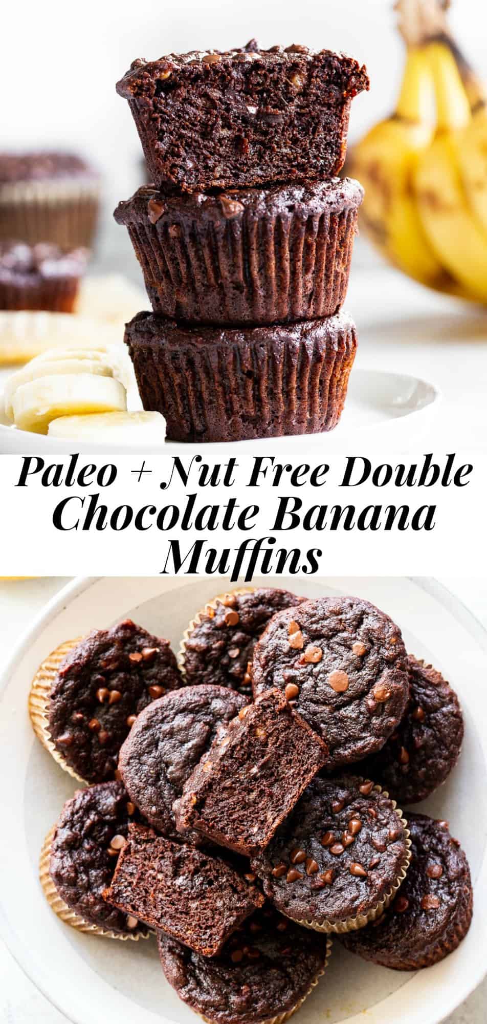 These moist and tender double chocolate banana muffins are quick and easy to make and taste just as decadent as rich chocolate cupcakes!  Made with coconut flour and raw cacao powder so they’re paleo plus nut free, gluten free, and dairy free.  Kid approved and great for snacks and dessert! #paleorecipes #bananamuffins #paleo #paleobaking #glutenfree #coconutflour