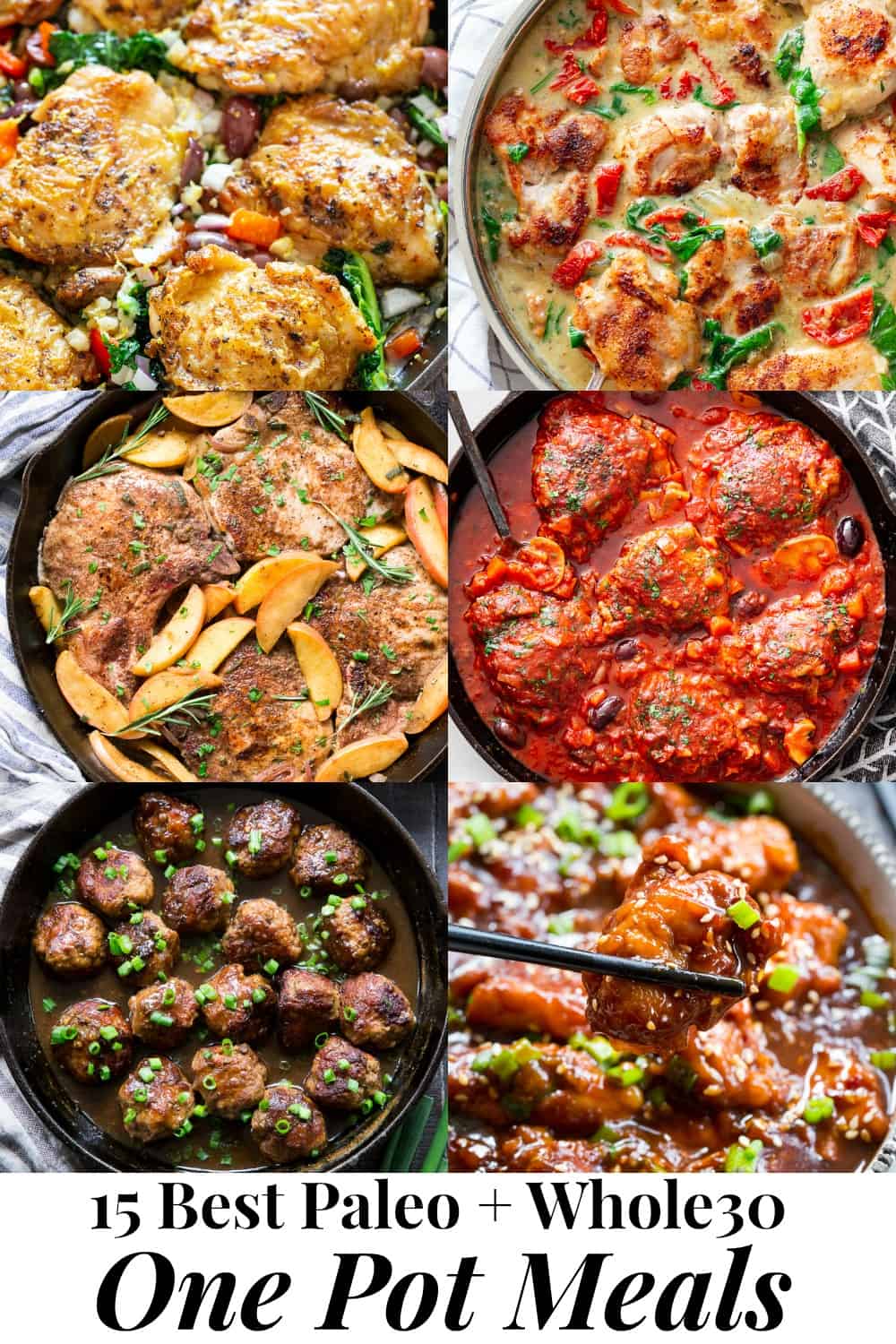 This recipe roundup includes 15 of the best one pot paleo meals featured on Paleo Running Momma!   All are easy and perfect for weekdays when time and energy is lacking.  These one pot meals are also Whole30 compliant and many are low carb and keto friendly.  From creamy tuscan chicken to instant pot chili, there's something to suit everyone's cravings! #paleo #Whole30 #cleaneating 