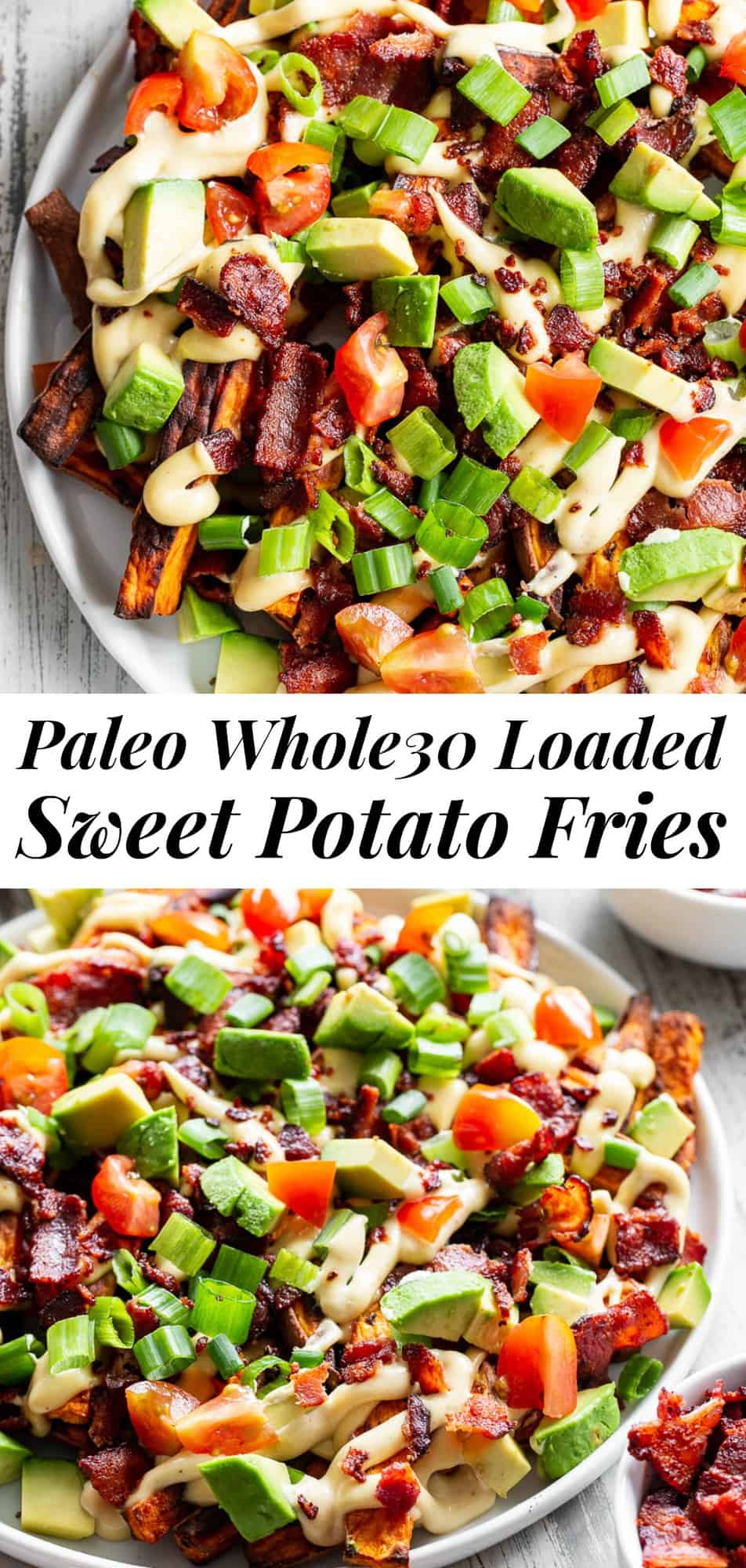 These loaded sweet potato fries are easy to make and packed with goodies! Sweet potato fries are baked crispy and topped with plenty of No Sugar Hickory Smoked Bacon from @jonesdairyfarm, dairy-free cheese sauce, green onions, avocado and tomatoes. This fun meal or appetizer is kid approved, paleo, Whole30 compliant and seriously tasty! #Whole30 #paleo #cleaneating #AD