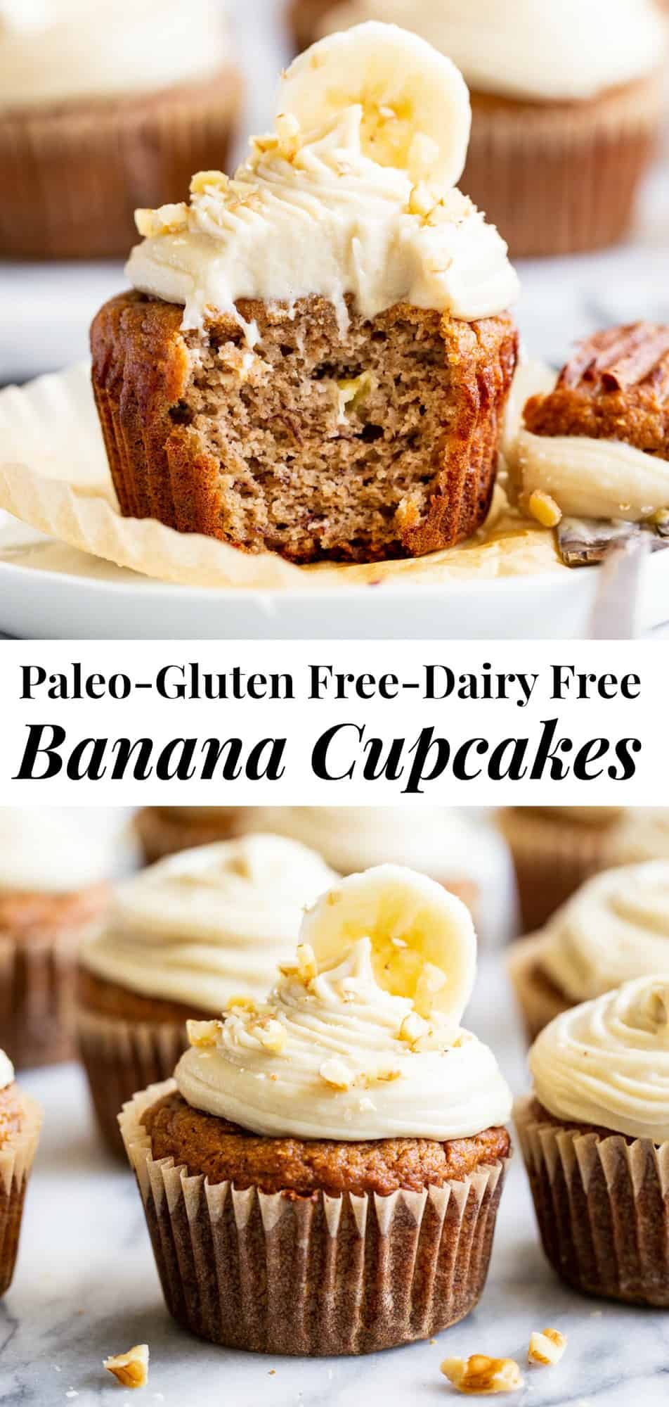 These tender and moist banana cupcakes are topped with the perfect cashew cream cheese frosting that you won’t believe is dairy-free! These crowd pleasing paleo cupcakes are perfect for kids, gluten free and dairy free. #paleo #glutenfree #cleaneating #dairyfree #paleobaking #paleocake