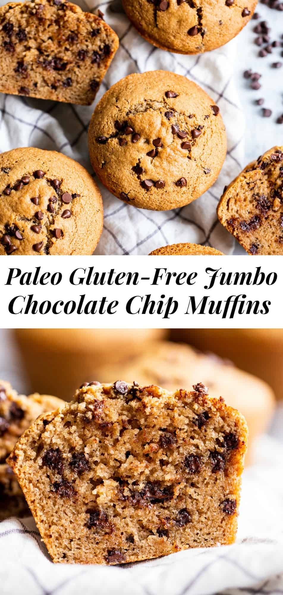 These jumbo chocolate chip muffins are so much fun, insanely delicious and easy to make! No one would ever guess they’re grain free and paleo because they taste just like the real deal. If you don’t have a jumbo muffin pan no worries - you can make them as regular muffins too. #paleo #glutenfree #dairyfree #paleobaking #cleaneating 