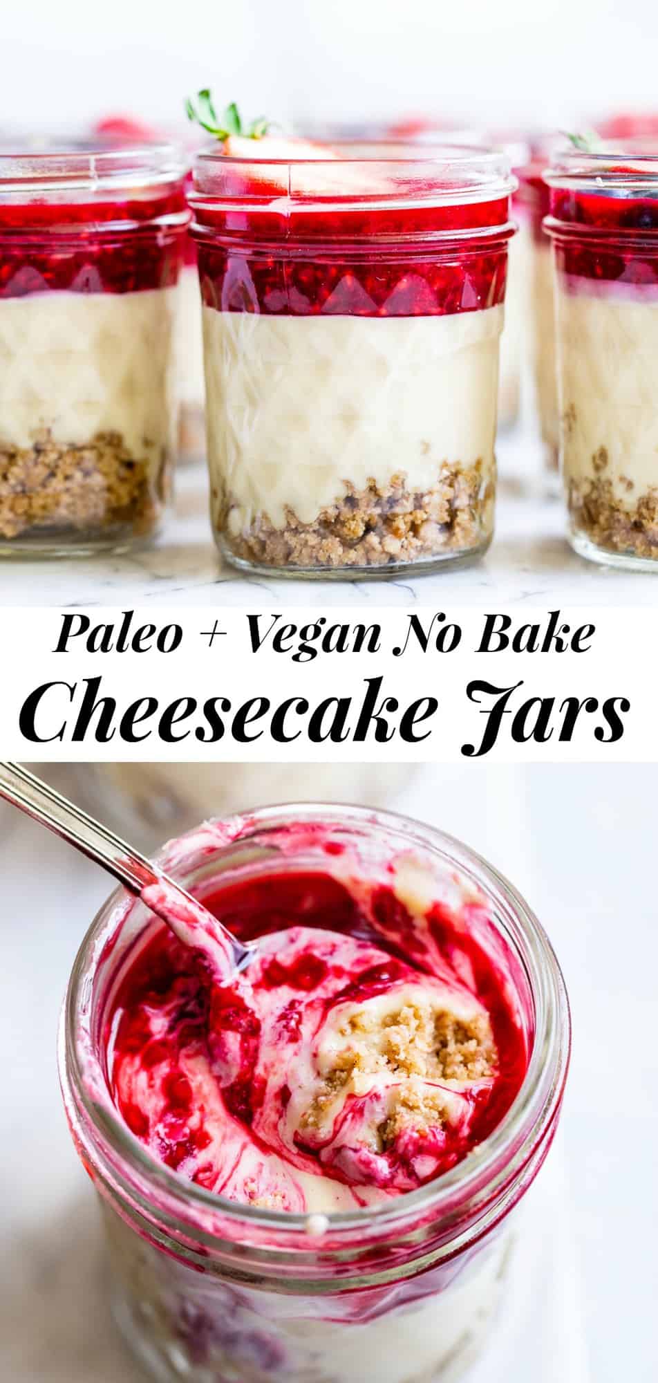 These fun single serve no bake cheesecake jars are made with real food ingredients and are completely dairy and soy free!  They’re perfect to make ahead of time for an easy and delicious healthy dessert you can grab anytime.  Kid friendly, paleo, vegan, and easy to make. #vegan #paleo #cheesecake #healthydessert