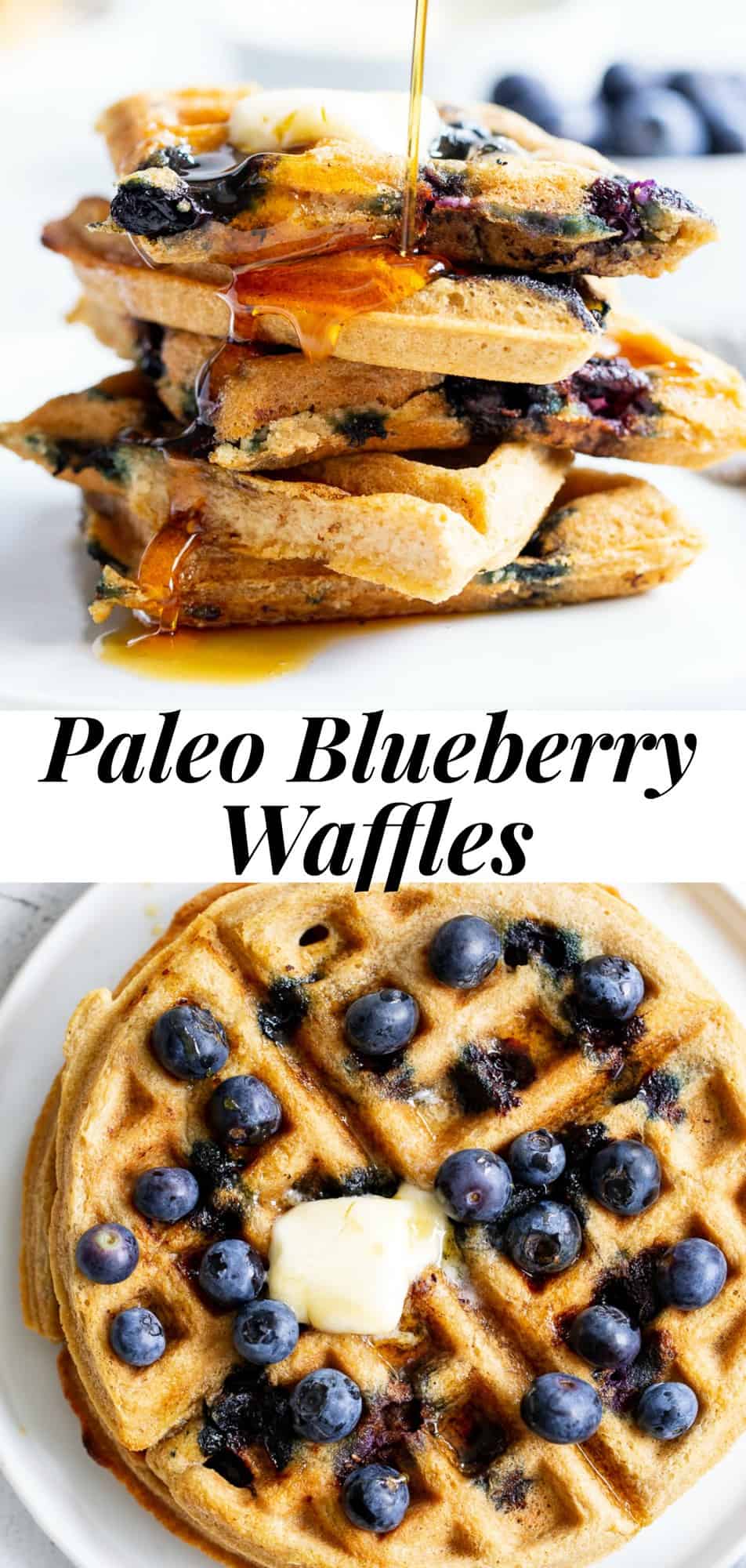 These classic paleo blueberry waffles are crisp on the outside, soft and fluffy on the inside, freezable, and family approved!  They’re gluten free, grain free, dairy free, refined sugar free, and easy to make. #paleo #cleaneating #grainfree #glutenfree #waffles #breakfast