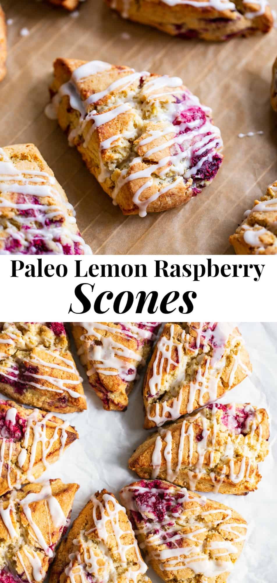 These raspberry lemon scones are perfectly flaky, with rich buttery flavor and are packed with lemon and sweet juicy raspberries.   The lemon icing makes them out of this world delicious!  The perfect healthier brunch treat, these scones are paleo, dairy free, gluten free and irresistible! #paleo #glutenfree #scones #paleobaking #healthybaking