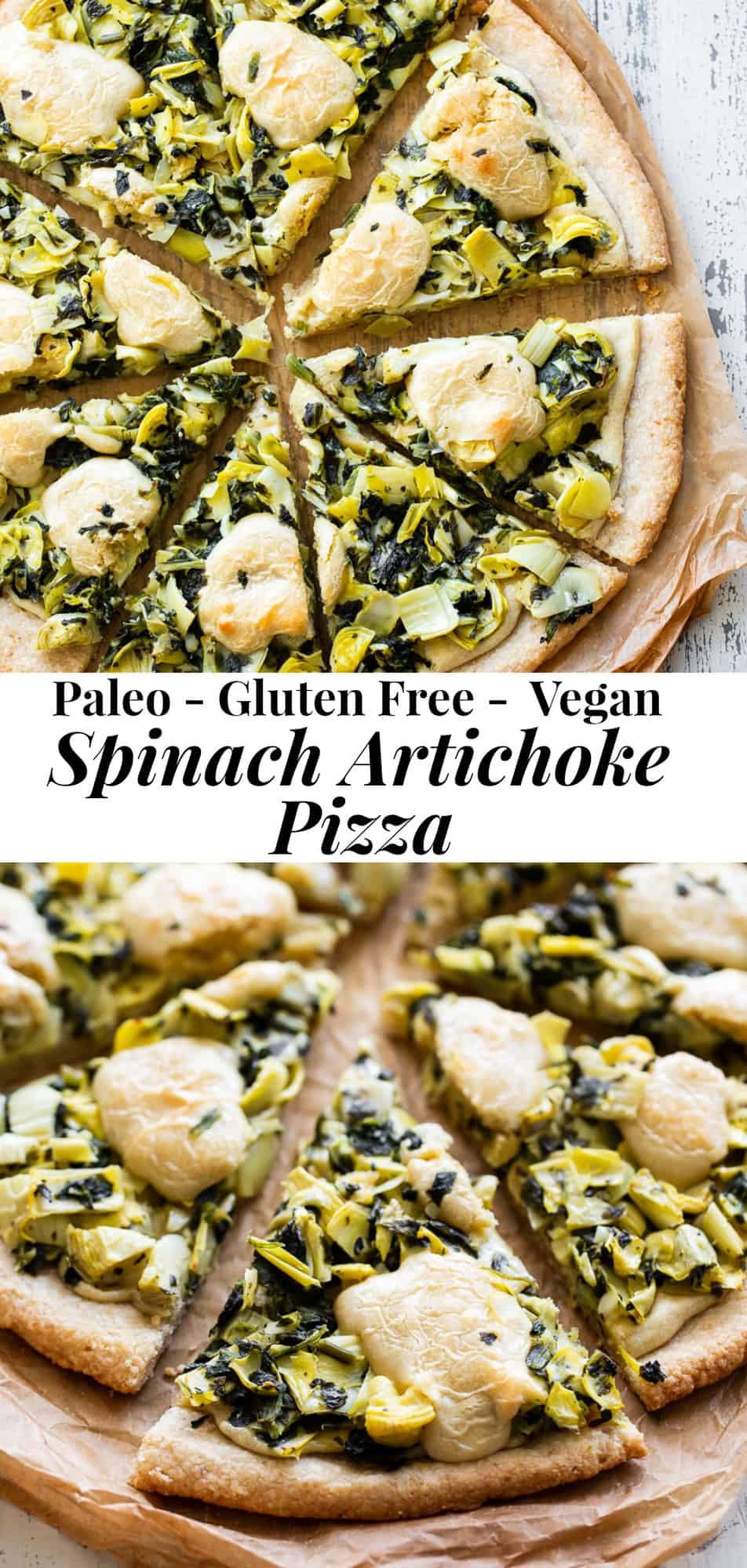 This Spinach Artichoke Pizza has the perfect one-bowl chewy crust and is topped with the best homemade cashew cheese plus a savory spinach artichoke mixture! Paleo, Vegan, gluten free, dairy free, egg free and sugar free. #paleo #Vegan #glutenfree #pizza #dairyfree