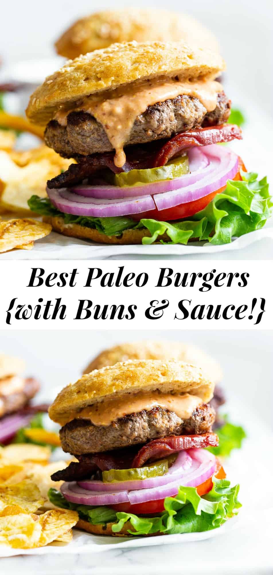 These classic paleo burgers taste just like the real deal but are made with better-for-you ingredients! Juicy grass-fed beef patties, grain free buns, a dairy-free, refined sugar free and soy free burger sauce and thick cut bacon make these the best loaded paleo burgers you’ll try. #paleo #cleaneating #hamburgers #burgers #grainfree 