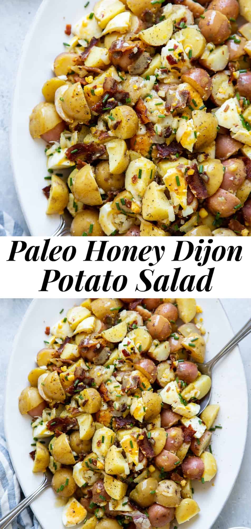 This honey dijon potato salad has tons of flavor and all the goodies you want in your potato salad! Fork tender baby red potatoes with chopped eggs, crispy bacon, onions and chives all tossed in a tangy sweet honey mustard dressing. This healthier paleo potato salad is dairy free, soy free, mayo free and refined sugar free. #paleo #cleaneating #potatosalad 