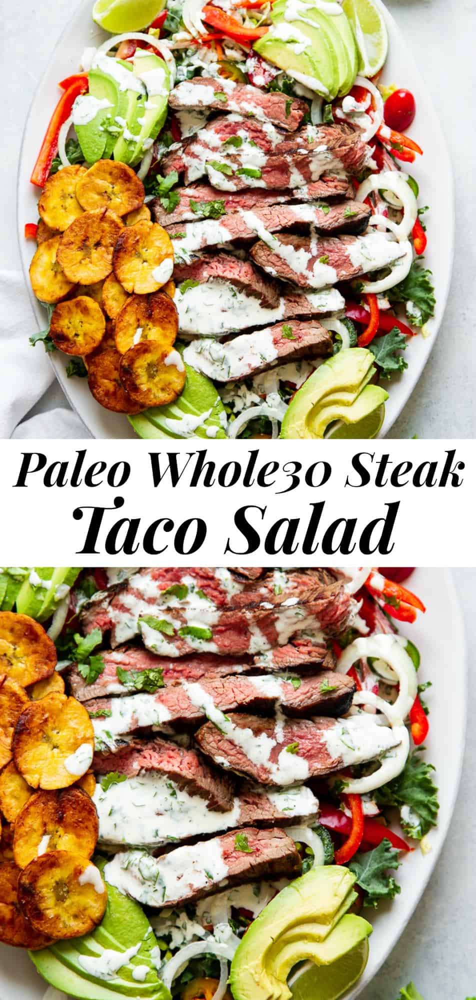 This steak taco salad is perfect for summer grilling and packed with all the good stuff! Thinly sliced marinated flank steak with greens, avocado, tomatoes, peppers, onions, plantain chips and a tangy, zesty cilantro ranch dressing. It’s Whole30 compliant, paleo, gluten free and dairy free. #whole30 #paleo #cleaneating #salad 